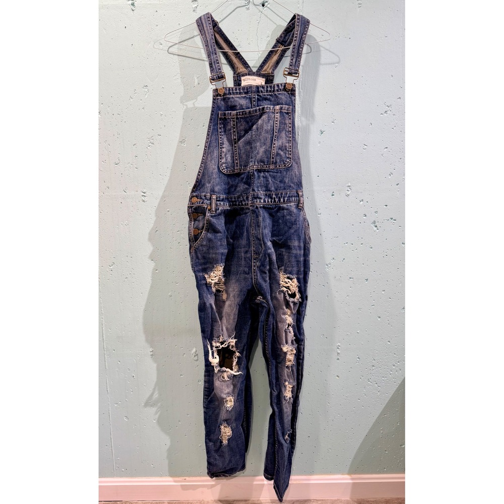 Pistola Womens Distressed Denim Overalls Blue Cotton Bib Jumpsuit P6352 Size L